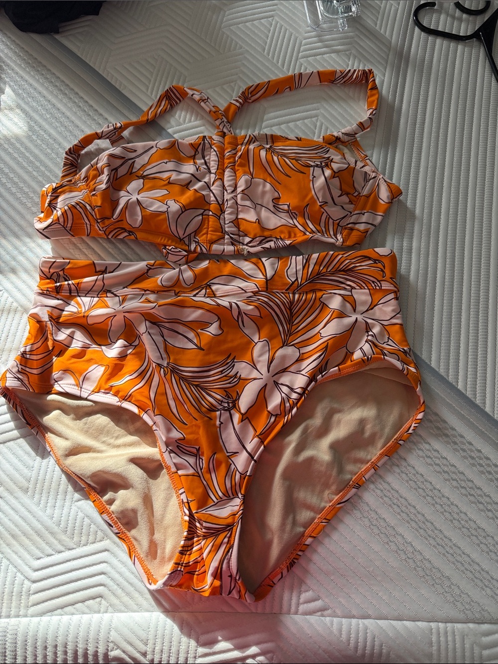 Orange Floral Two-Piece High-Waist Swim Set